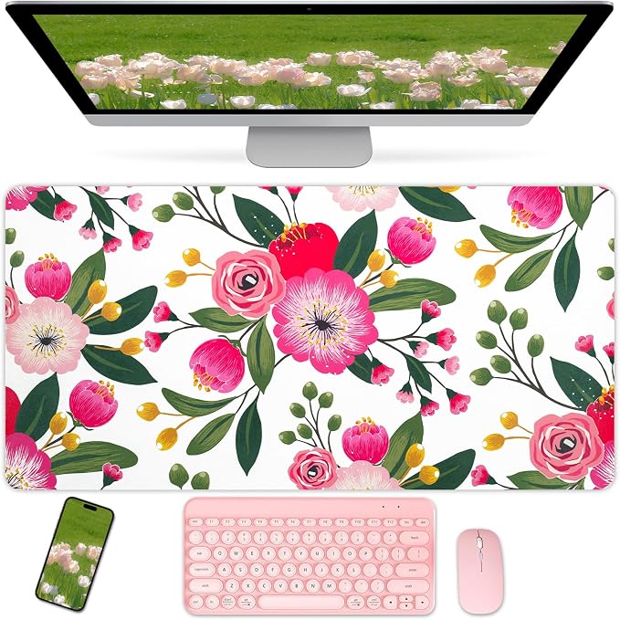 Bloss Pink Floral Desks Mat,Clearance Overstock Limited Stock Discontinued Size 31.5x15.7Inch Large Mouse Pad,Anti-Slip Computer Desk Pad,Keyboard and Mouse Pad,Pink Keyboard Protector Pad Mat