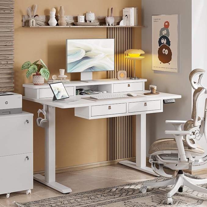 TIQLAB 55 * 28 Inch Standing Desk with Four Drawers, Electric Sit Stand Table, Stand Up Desk Adjustable Height with Storage Shelf, Splice Board, White