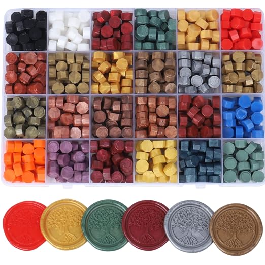 Wax Seal Stamp Kit, ONWINPOR 1248 Pcs Sealing Wax Beads in 48 Colors with Melting Warmer, Spoon, Tea Candles, Tree Sealing Stamp Set for Wedding Invitation, Letter Sealings and DIY Craft