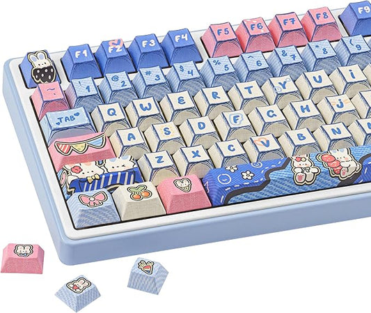 Manga Themed Keycaps 134 Key PBT Keycap Set Cherry Profile Dye-Sublimation Cute Keycaps with Denim Bunny Design for 61/87/104/108/84/64/98/96 Mechanical Keyboard