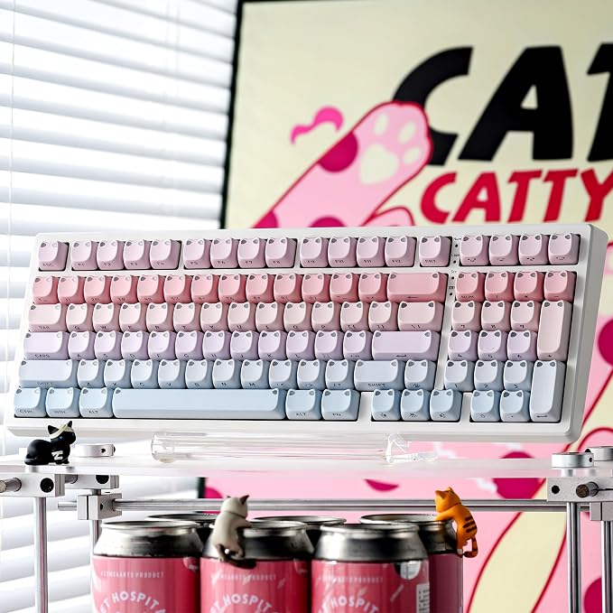 OHY XVX Lumicat Mao Profile PBT Keycaps, 113 Keys Double-Shot Dye-Sublimation Side Printed Taro Keycap Set, Ergonomic Mao Profile Custom Keycaps Compatible with MX Switches Mechanical Keyboard