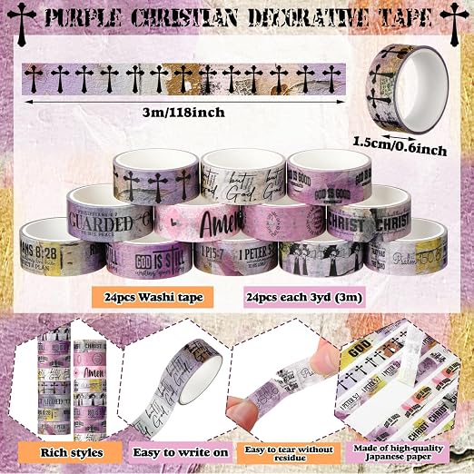 24 Rolls Back to School Christian Washi Tape Gifts Bulk Graduation VBS Religious Scripture Purple Bible Verse Washi Tape for Bible Journaling Crafting Students BibleStudy Stationery