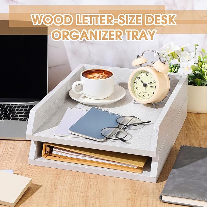 DoubleFill 2 Pcs Wooden Letter Trays 2 Tier Desktop Paper Organizer Wood Letter-Size Desk Document Tray Heavy Duty Stackable Paper Drawer Holder File Folder Back to School Office Home (White)