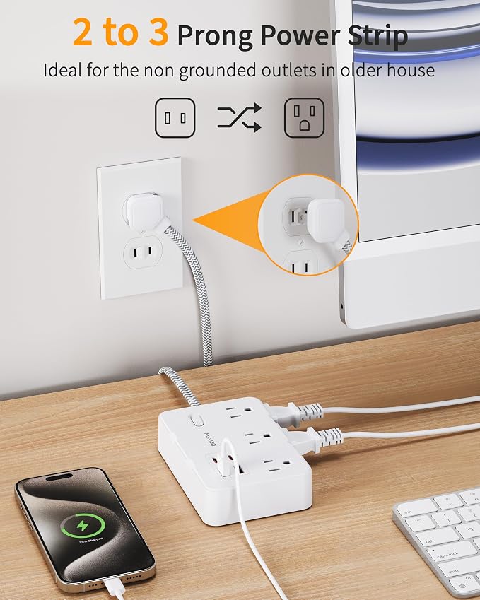 DEPOW 2 Prong to 3 Prong Adapter Power Strip, 10 FT Extension Cord with 6 Outlets & 4 USB Ports (2 USB-C), 1050J Two Prong Surge Protector, Wall Mount - Ideal for Old Houses