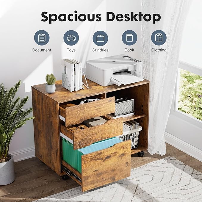 DUMOS Wood File Cabinet with 3 Drawers, Rolling Printer Stand | Under Desk Storage Organizer Home Office Space with Shelves for Files and Office Supplies, Rust