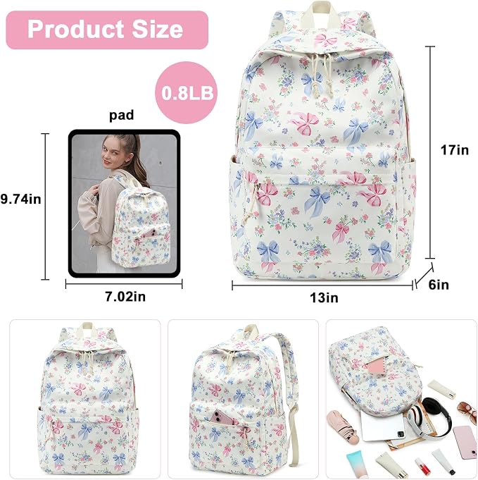 Bluboon Teen Girls School Backpack Kids Bookbag Set with Lunch Box Pencil Case Travel Laptop Backpack Casual Daypacks (Pink Blue Bow - White)