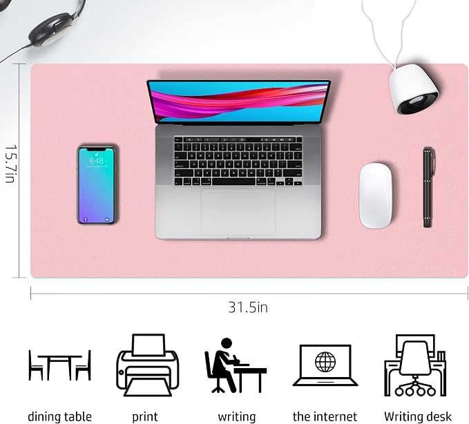 Desk Mat Large Protector Pad - Multifunctional Dual-Sided Office Desk Pad,Smooth Surface Soft Mouse Pad, Waterproof Desk Mat for Desktop, Pu Leather Desk Cover for Office/Home(Pink, 31.5" x 15.7")