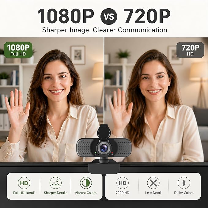 Full HD 1080P Webcam with Microphone, Noise-Canceling, Privacy Cover, Wide-Angle Lens, Auto Light Correction, Plug & Play USB Web Camera for Laptop, Desktop, PC, Mac, Zoom, Skype – Pro Series