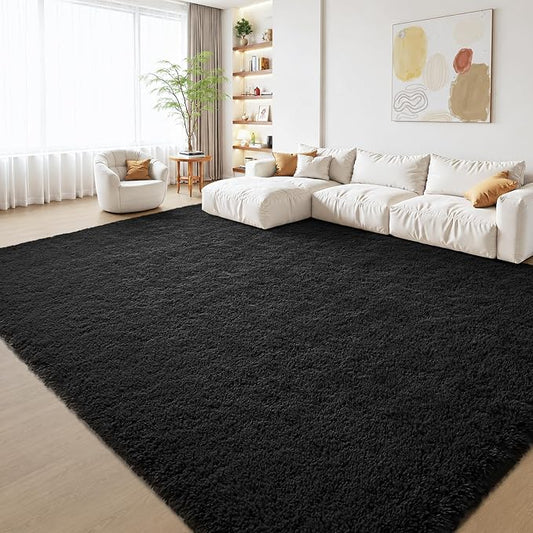 Zentavio Black Area Rugs for Living Room Bedroom 9x12 Large Men Room Carpet Fluffy Furry Shag Aesthetic Plush High Pile Floor Rug for Nursery Kids Room Dorm Home Decor