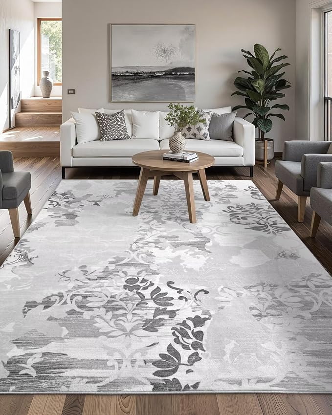 Macgace Washable Abstract Rug, 9x12 Classic Grey and White Floral Area Rugs with Non-Slip Rubber Backed for Living Room, Low Pile Modern Throw Carpet Bedroom Dining Room Decor