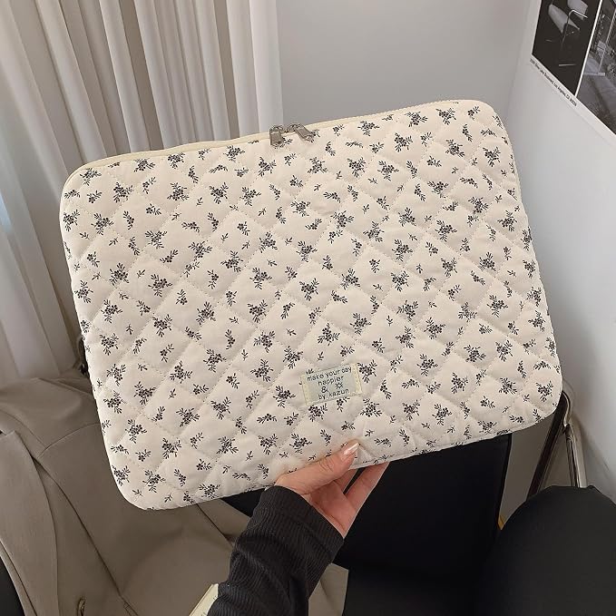 Cute Laptop Sleeve 13-15 inch Laptop Case Aesthetic Quilted Laptop Sleeve Computer Bag with Flower Printing for MacBook (Black, 15inch)