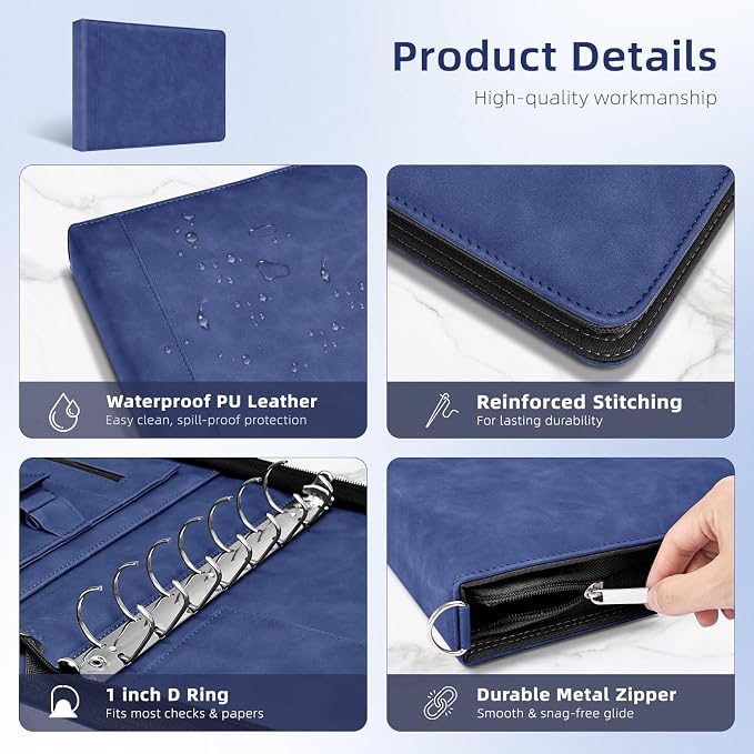 Ospelelf Blue Zippered 7 Ring Check Binder for Business Checks (9" x 13"), 1 Inch Faux Leather Checkbook Portfolio with Zipper Pouch, Professional Binder Organizer for Accountants, Home Use