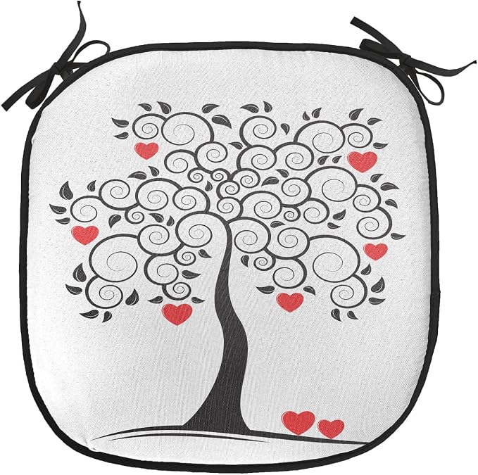 Lunarable Love Chair Cushion Pads Set of 4, Abstract Heart Tree Floral Leaves Spring Swirl Simplicity Creative Illustration, Anti-Slip Seat Padding for Kitchen & Patio, 16"x16", Black White Red
