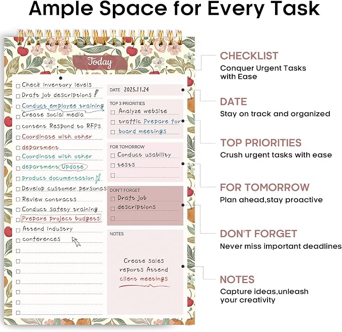 Taja To Do List Notepad - To Do List Notebook for Work with 52 Sheets, 9.8" x 6.5", Undated Daily Planner Perfect for Daily Tasks and Goal Setting, Notepad Suitable for Office, Home & School - Cherry Orchard