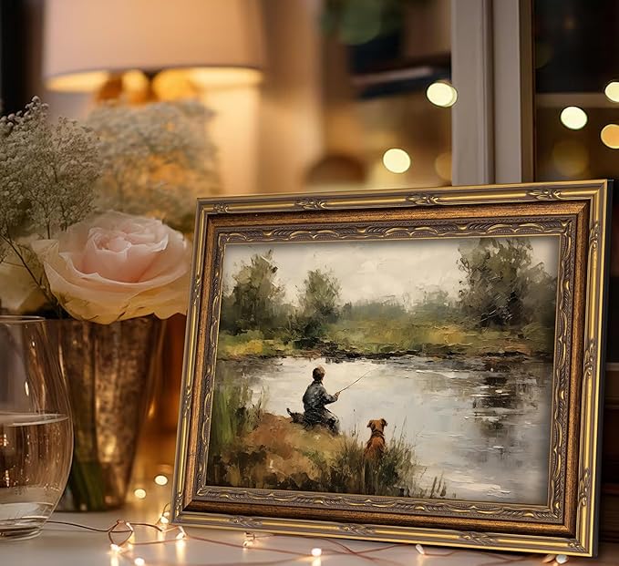 Vintage Gold Framed Wall Art Boy Fishing Country Oil Painting Canvas Prints Peaceful Lake Landscape with Dog Picture Rustic Farmhouse Poster Artwork for Nursery Living Room Bedroom, 16x24in