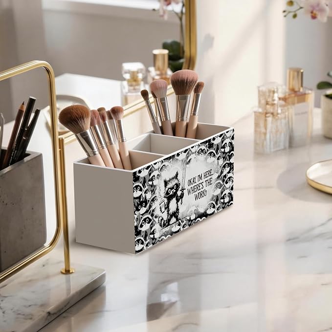 Raccoon Office Wooden Pen Holder for Desk, Gifts for Raccoon Lovers, Where's the Work Humor Trash Panda Pencil Organizer Wooden Box Sign for Office Workplace Home Decoration