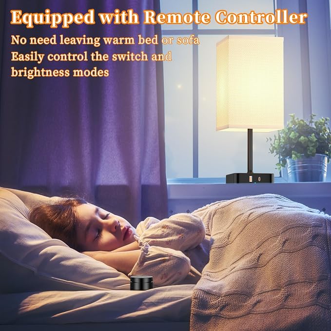 cozoo Bedside Table Lamp for Bedroom, 3 Way Dimmable & Remote Control Stepless Dimming Touch Nightstand Lamp, 2 USB Ports and 2 AC Outlets, Small Desk Light for Living Room, Bed, Study, White