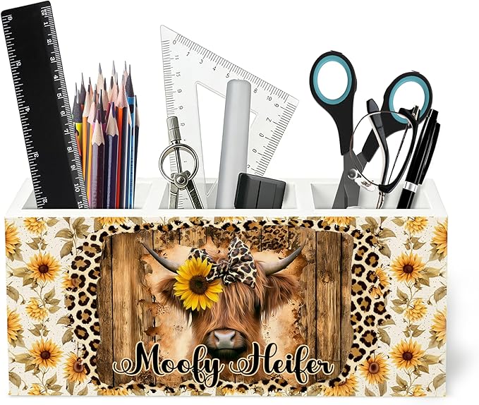 Leopard Highland Cow Wooden Pen Holder for Desk, Highland Cow Gifts for Women, Rustic Heifer Pencil Organizer Wooden Box Sign for Girls Bedroom Home Office Decoration