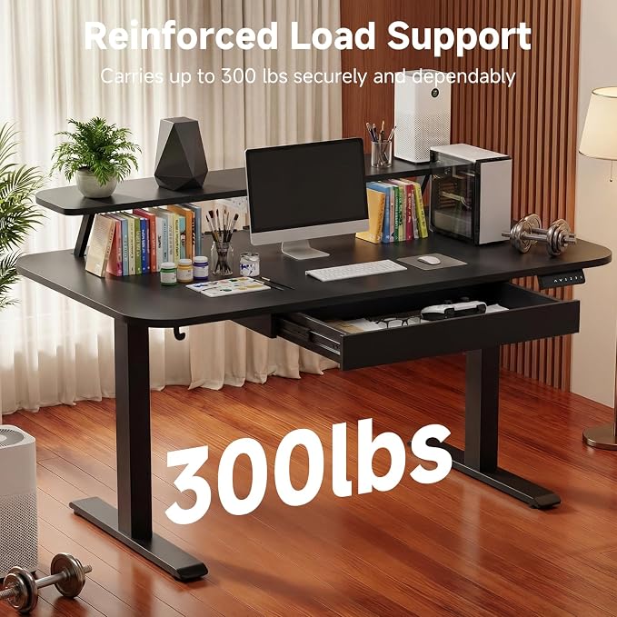 GTPLAYER Electric Standing Desk with Drawers, 55 x 24 Inches Height Adjustable Computer Desk with Monitor Stand, Laptop Stand, Home Office Sit Stand Up Desk with Memory Preset, Black