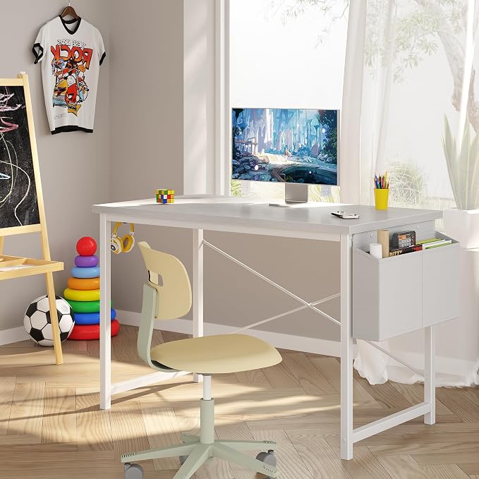 OLIXIS Computer Desk, 44 Inch Home Office Desks for Small Spaces, Writing Craft Study Gaming Table for Bedroom, Modern Computer Workstation with Storage Bag and Headphone Hook, White