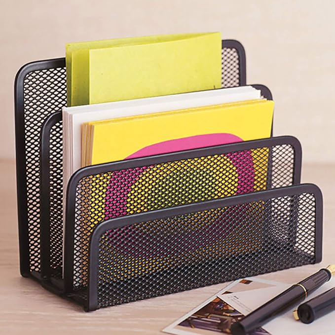 VANRA 2 Small Letter Sorters Desktop Envelopes Holder Organizer Metal Mesh | 2 Pack Desk Letter Organizer 4 Compartments Bills Holder Paper Sorter Letter Tray for Office School Storage (Black)