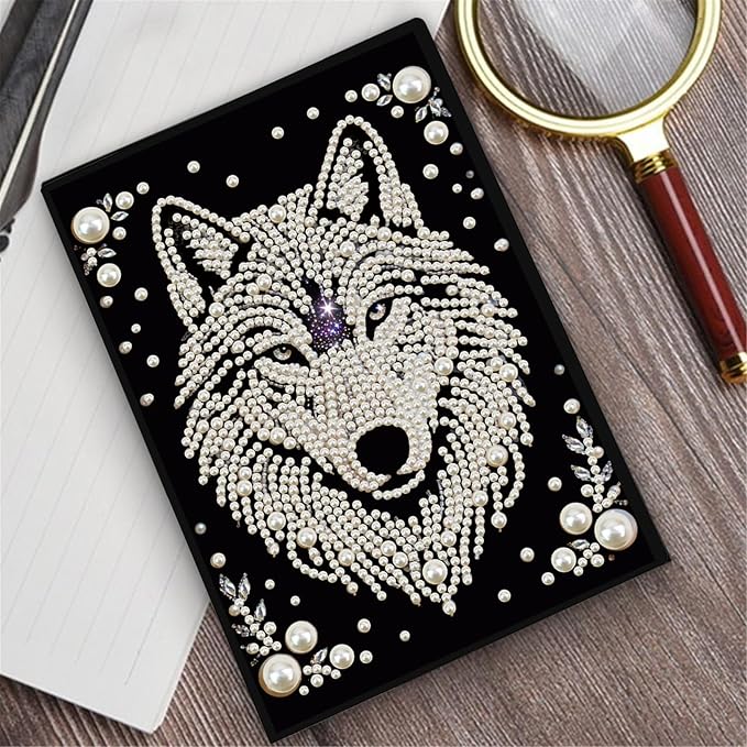FRANDEK Pearl Painting Notebook Kit, Black and White Wolf A5 DIY Journal with 50 Blank Pages, Diamond Gem Art Cover with Waterproof Canvas, Beginner Craft Set with Full Tools for Adults