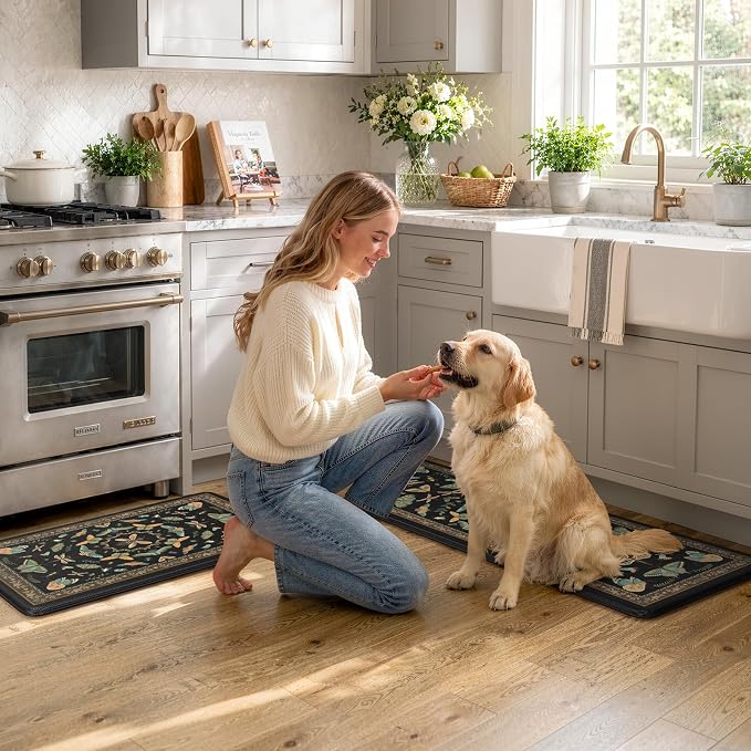 KIMODE Kitchen Mats for Floor 2 Piece Cushioned Anti Fatigue Kitchen Rugs | 17 x29+17"x47", Black,Vintage Butterfly,Non Slip Waterproof,Memory Foam,Standing Mats,for Laundry Sink Office Home Decor