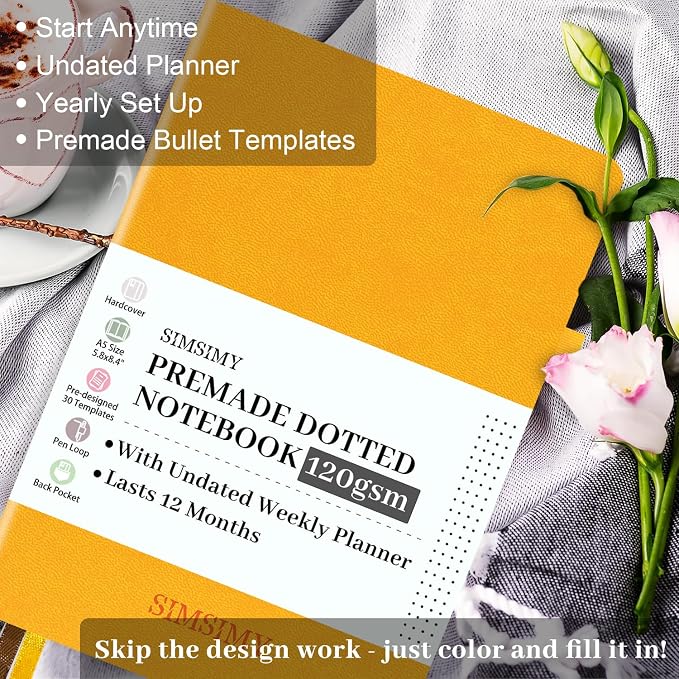 Premade Bullet Dotted Journal Notebook, Pre-made Dot Grid Journaling with Undated Weekly & Monthly Planner, Various Trackers, Lasts 1 Year, A5
