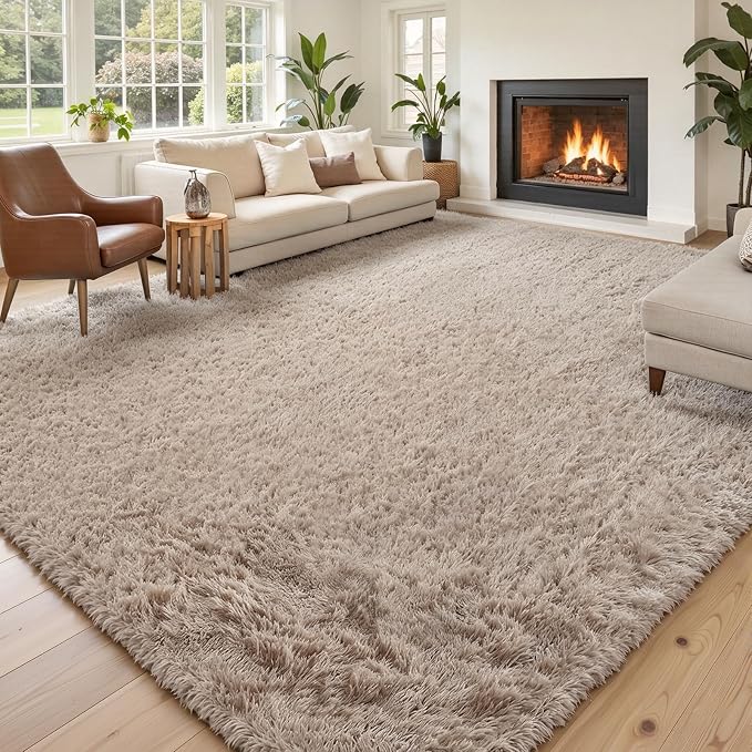 Area Rugs 9x12 Living Room,Large Area Rug Shaggy Carpet Soft Plush Furry Bedside Rug, Machine Washable Area Rugs for Bedroom Home Decor Non-Slip(9 x 12, Beige)