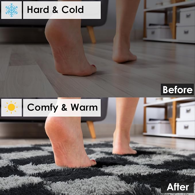 KICMOR Large Rugs for Living Room 7x10 Area Rug, Black and Grey Big Fluffy Shag Shaggy Fuzzy Checkered Bedroom Carpet, Indoor Soft Plush Rug for Kids Boys Girls Dorm Nursery Home Decor Aesthetic