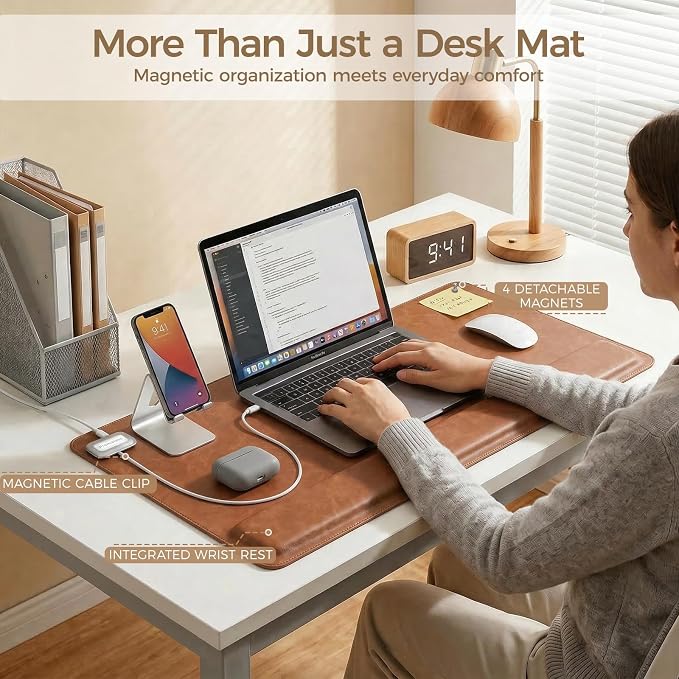 Magnetic Desk Mat System with Wrist Support 80×40cm, Premium Leather Desk Pad with Magnetic Accessories, Waterproof Non-Slip Desk Organizer for Office & Gaming