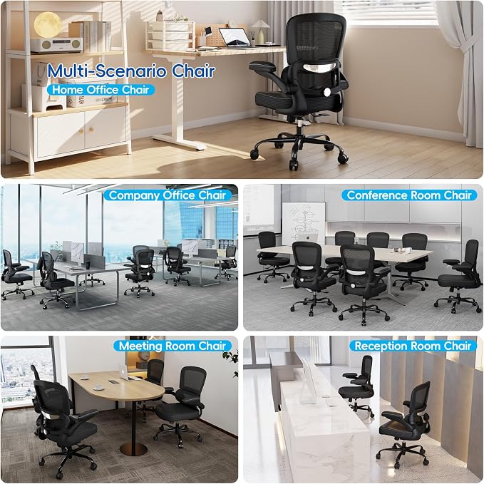 TRALT Ergonomic Office Chair - Desk Chair with Adjustable Headrest Lumbar Support Computer Chair - Mesh Comfy Chair with Flip-up Armrests - Gaming Chair for Adults Home Office PU, Black, Pack of 4