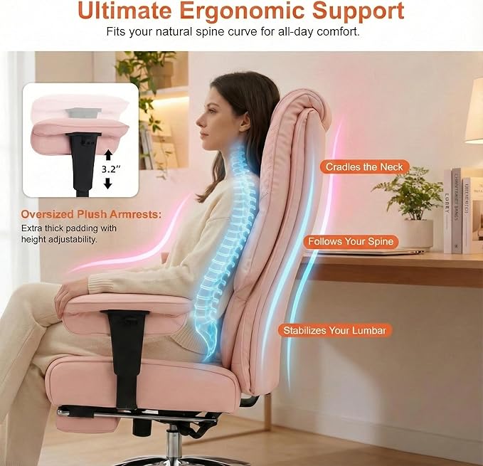 Big and Tall Office Chair 400lbs Wide Seat, Leather High Back Executive Office Chair with Foot Rest, Ergonomic Chairs Lumbar Support for Lower Back Pain Relief (Light Pink)