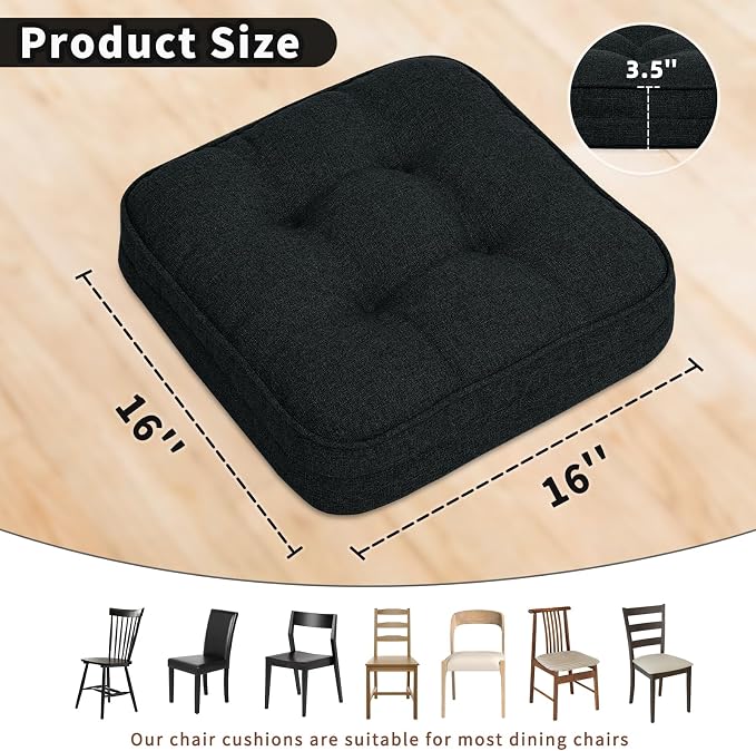GOFORIT Tufted Shredded Memory Foam Chair Pads，Kitchen Chair Cushions for Dining Chairs,Non-Slip Seat Cushions with Removable Cover, 16'' x 16'', 6 Pack,Black