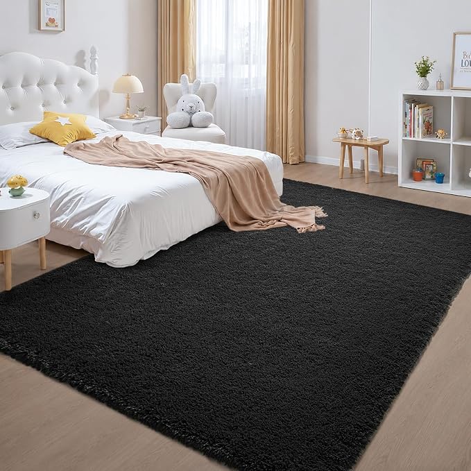 Zentavio Black Area Rugs for Living Room Bedroom 6x9 Large Men Room Carpet Fluffy Furry Shag Aesthetic Plush High Pile Floor Rug for Nursery Kids Room Dorm Home Decor