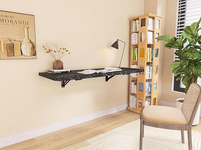 Wall Mounted Folding Table 40"x 16" with Removable Heavy-Duty Brackets Support Up to 200 Pounds Folding Desk for Small Space Home Laundry Room Office Rv Suitable for Solid Wall (Black Marble Pattern)