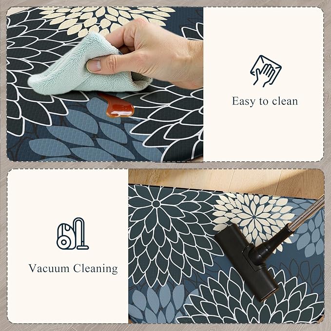 KIMODE Half Circle Anti Fatigue Mats for Kitchen Floor Rug Sets of 3 | 18"x28+18"x47"+18"x59",Blue Dahlia Floral Boho,3PCS,Non Slip,Waterproof,for Sink Office Laundry Bathroom Decor