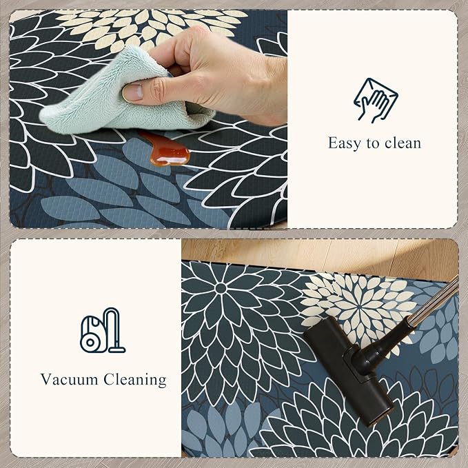 KIMODE Half Circle Kitchen Mats for Floor Cushioned Anti Fatigue Semi Round | Half Round,28"x18",Dahlia Boho,Blue,Kitchen Rug Non Slip ,Waterproof Sink Floor Mat Carpet Decor for Laundry Bathroom