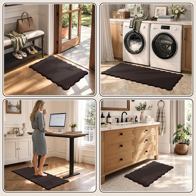 KIMODE Anti Fatigue Kitchen Mats for Kitchen Floor,Scalloped Kitchen Rugs Sets of 2 Non Slip,Cushioned Padded Memory Foam Kitchen Floor Mat Carpet for Office Laundry Sink,Brown