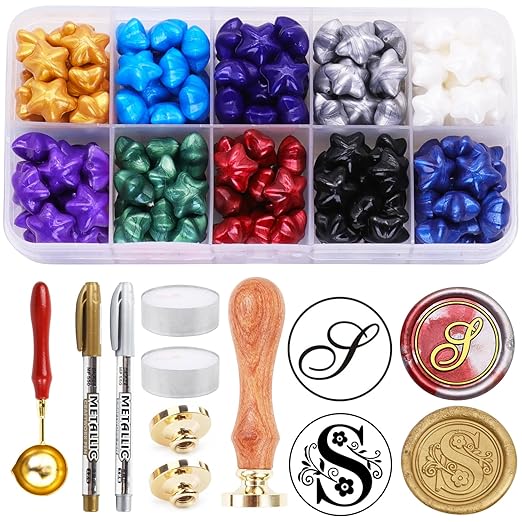 Letter Wax Seal Stamp Kits, 200pcs Assorted Beads and 2pcs Initial Alphabet S Wax Seal Kits for Wedding Invitations Gift Wraps Envelopes and Christmas Cards (Alphabet S Kit)