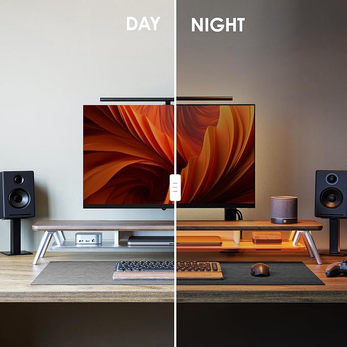 Fenge Dual Monitor Stand with 8-Mode LED Lights and Frosted Shelf, Brown | Sturdy Aluminum Legs, Built-In Phone & Tablet Slot, 2-Tier Storage, 42.5-Inch Desk Shelf for Gaming, Home Office & Streaming
