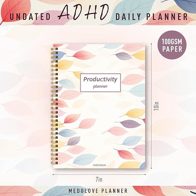 ADHD Planner for Women，Daily Productivity Planner with Task Management Organizer for Neurodivergent Adult,Teens , Self-Cares, Daily Schedule,To-Do List,Brain Dump,ADHD Journal with Cardboard Cover to Stay Organized and Focused (Colorful Leaves)