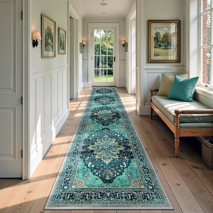 RELEANY Area Rugs Runner 3'x12' Washable Non-Slip, Floral Vintage Distress Medallion Carpet for Kitchen Hallway Bedroom Beside Laundry Room Bathroom, Teal Green Lake Blue Turquoise