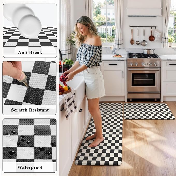 KIMODE Anti Fatigue Mats for Kitchen Floor,Checkered Kitchen Rugs Sets of 2 | 20"x59"+20"x32" Farmhouse Kitchen Floor Mats Non Slip, Cushioned Laundry Room Rug, Plaid Standing Desk Mat for Office Dorm