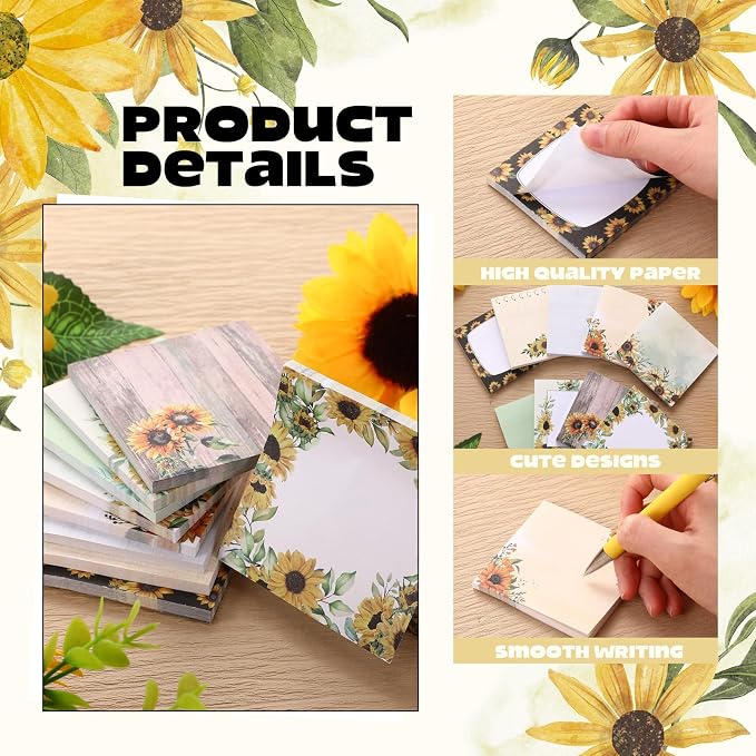 9 Pads Cute Sticky Notes Cartoon Self Stick Notepads 3x3 Inches Notes Adhesive Memo Pad Office Decor Gifts for Students School Teacher Office Meeting(Sunflower)