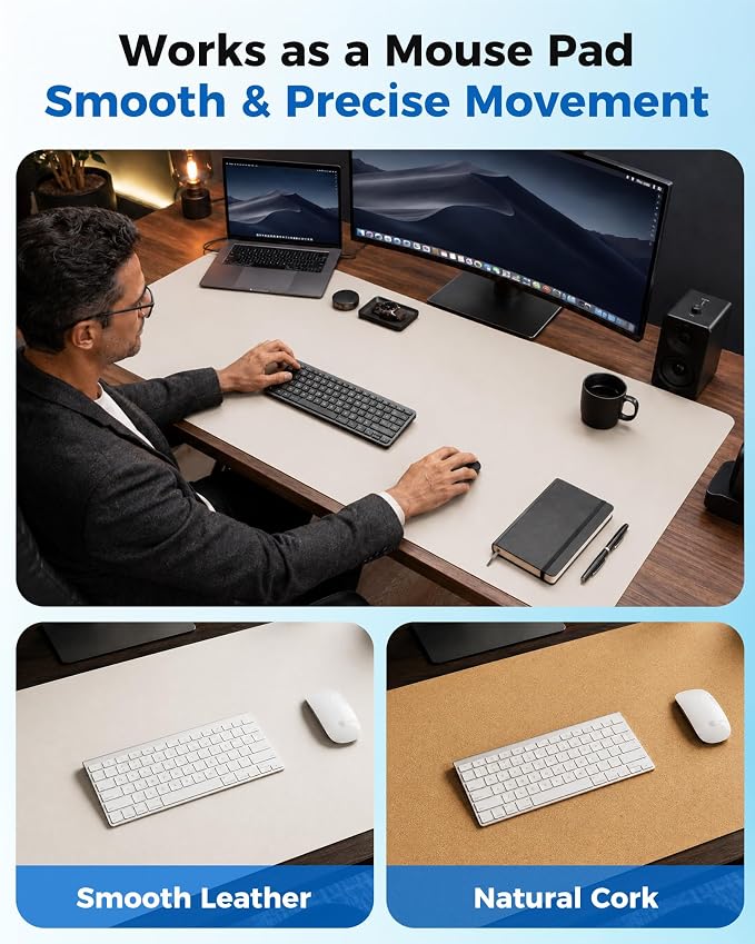 Aothia Dual-Sided Desk Pad - Leather Desk Mat, Natural Cork Desk Pad Protector, Large Mouse Pad for Desk, Waterproof Desk Blotter Pad, Desk Writing Pad for Office Work/Home, Off-White (25.6"x13.7")