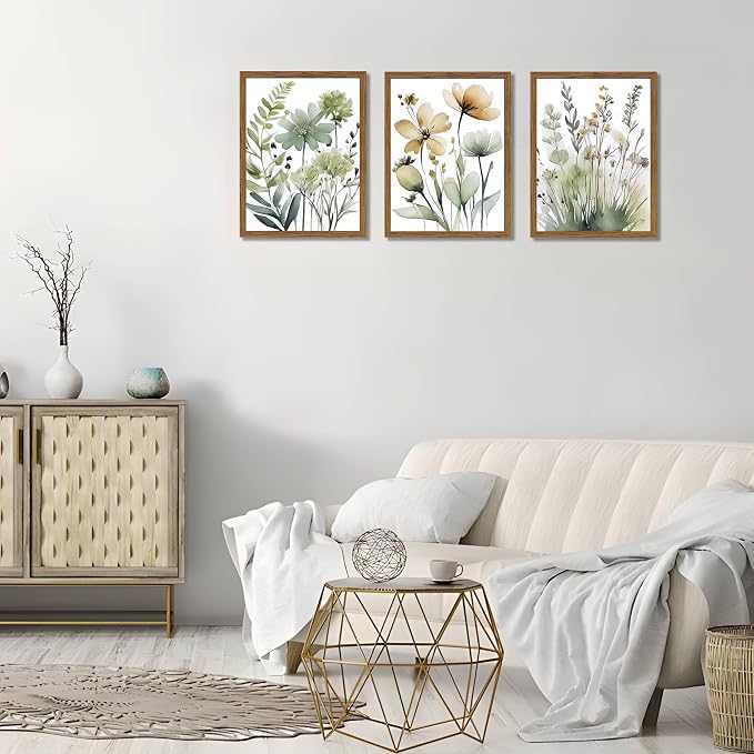Wood Framed Sage Green Botanical Wall Art Set of 3, Boho Floral Canvas Wall Decor Paintings, Minimalist Flower Posters Prints Pictures for Bedroom Bathroom Living Room Home Decor 16x24 Inch