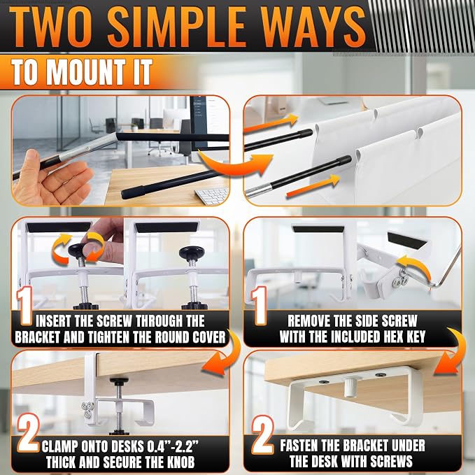 Under Desk Cable Management Tray 36" — No Drill Clamp-On Cord Organizer for Desk with Built-in Ties, Heavy Duty Metal Clamp, Foldable 600D Oxford Fabric for Home Office, WFH & Gaming PC Setup (White)