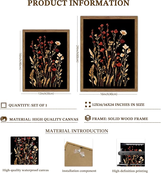 Framed Vintage Floral Wall Art, Dark Wildflower Botanical Canvas Wall Decor Paintings, Rustic Moody Flower Artwork Poster Print Picture for Bathroom Bedroom Living Room 16x24 Inch