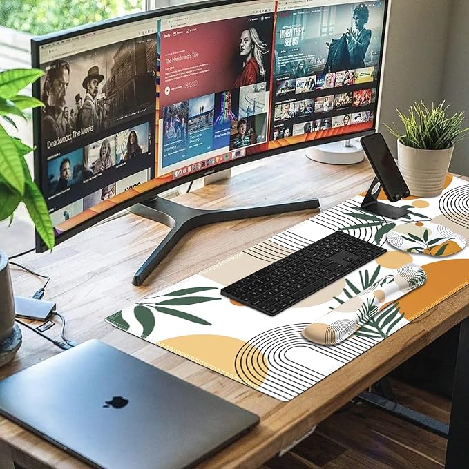 iCasso Mouse Pad and Keyboard Wrist Rest Set, 4in1 XXL Large Mousepad +Keyboard Pad+Mouse Wrist Rest+Coaster with Wrist Support, Ergonomic Desk Pad Mat for Home Office Table Computer-Elm Leaf